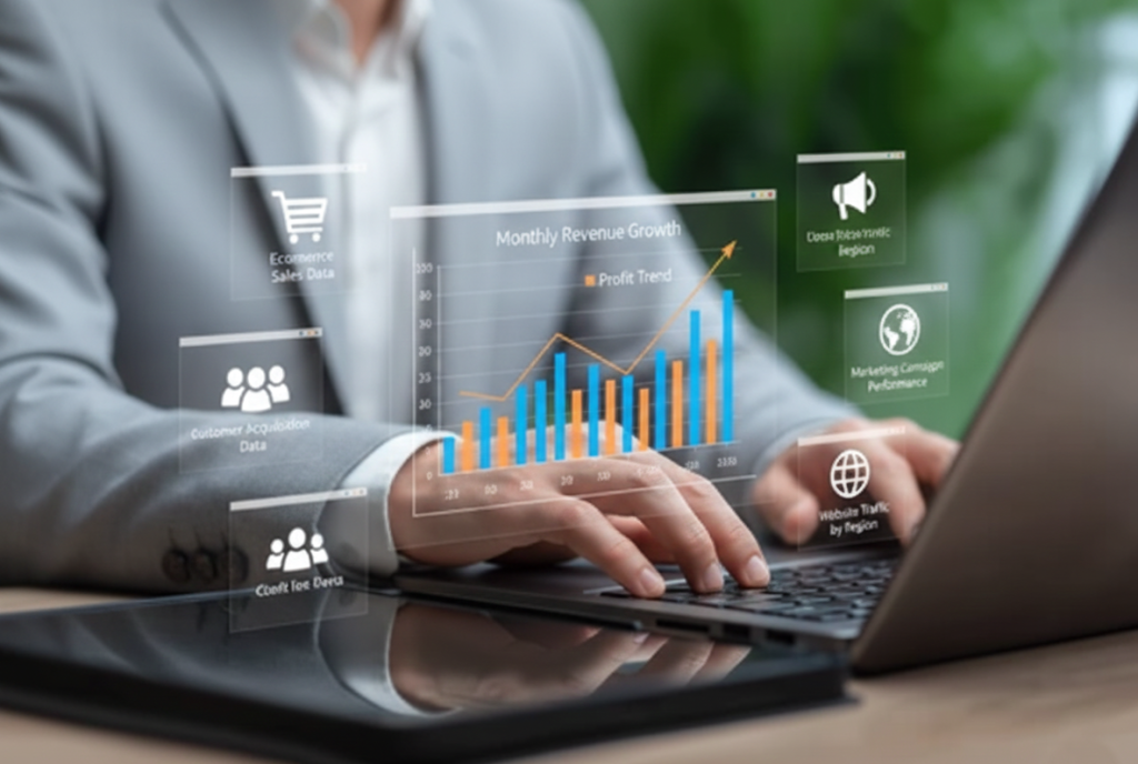 Business owner analyzing online business growth data and ecommerce statistics