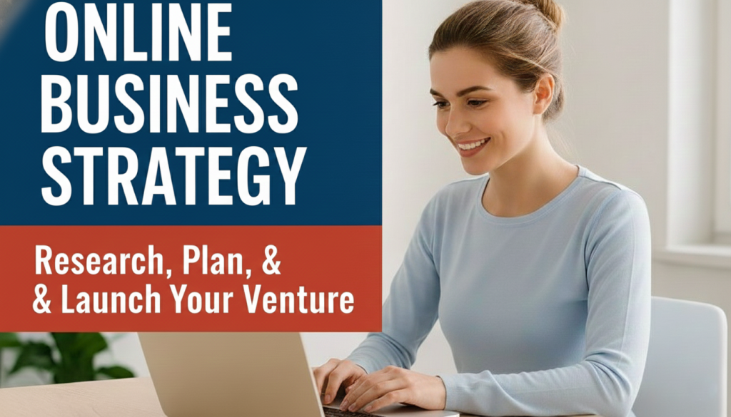 Entrepreneur researching best online business to start on laptop with business plan