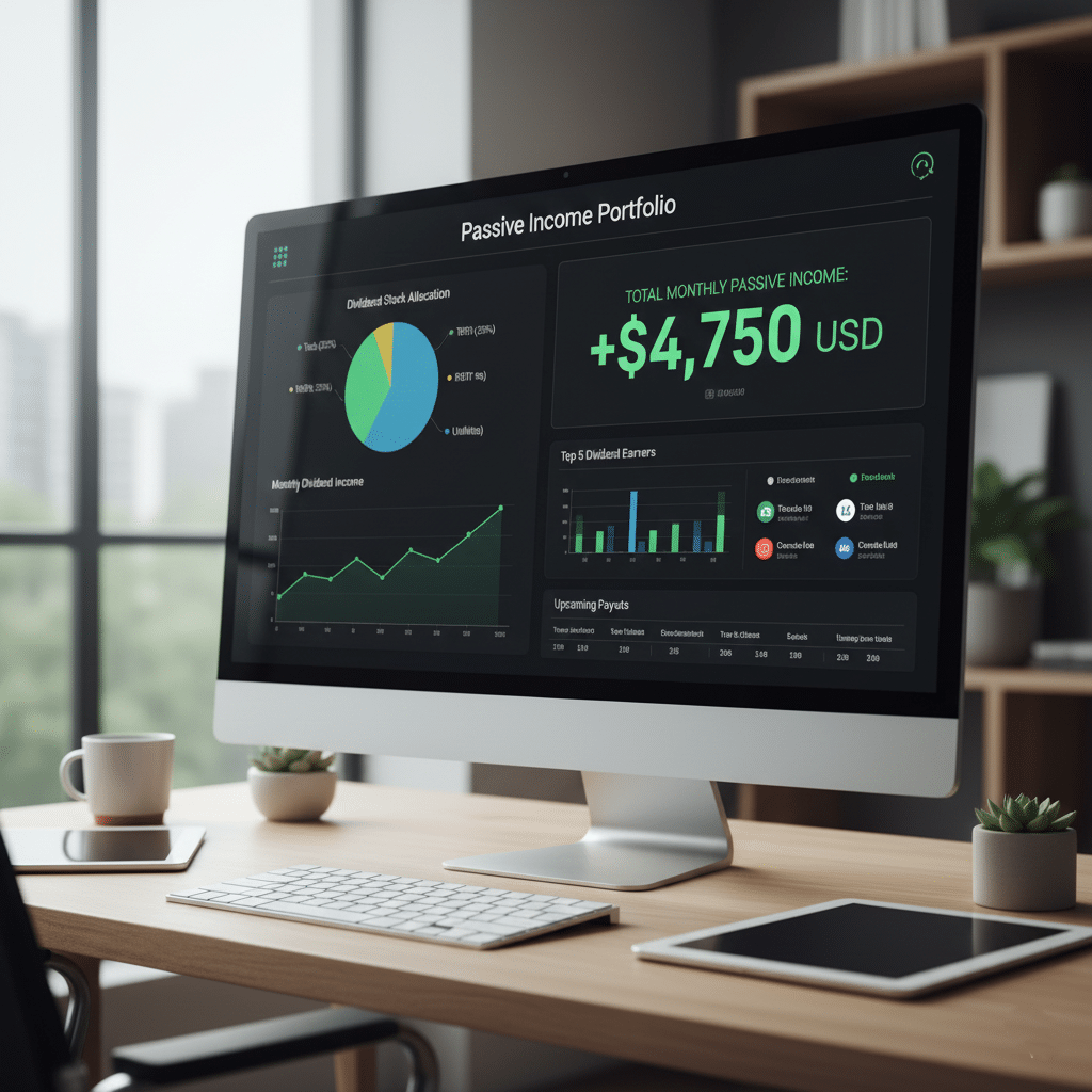 Investment portfolio dashboard showing dividend stocks and passive income growth