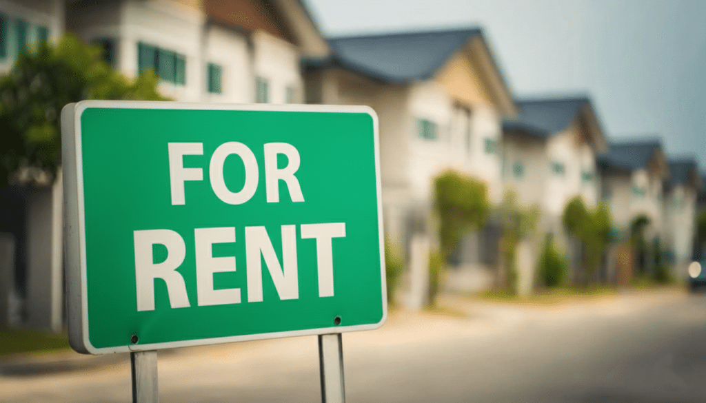 Rental property exterior with for rent sign showing real estate passive income