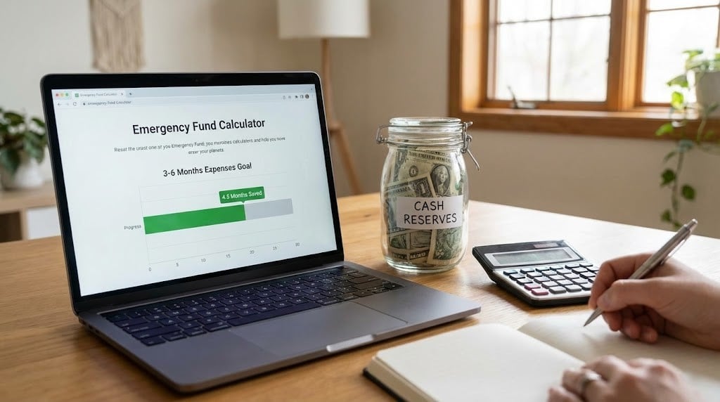 Emergency fund savings account with cash reserves calculator showing 3-6 months expenses