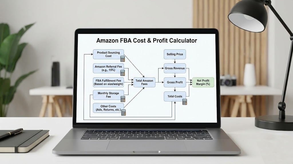 Flowchart showing step-by-step process for calculating total Amazon FBA costs including all fee categories and profit margins