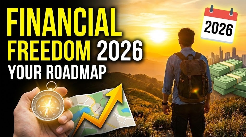 Financial freedom roadmap 2026 with emergency fund jar, investment growth chart, retirement account documents, and tax optimization calculator on desk
