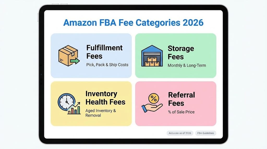 Infographic showing the four main categories of Amazon FBA fees in 2026: fulfillment, storage, inventory health, and referral fees