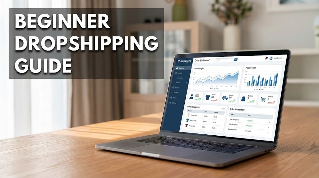 Laptop showing dropshipping store dashboard with product listings and order management interface for beginner entrepreneurs