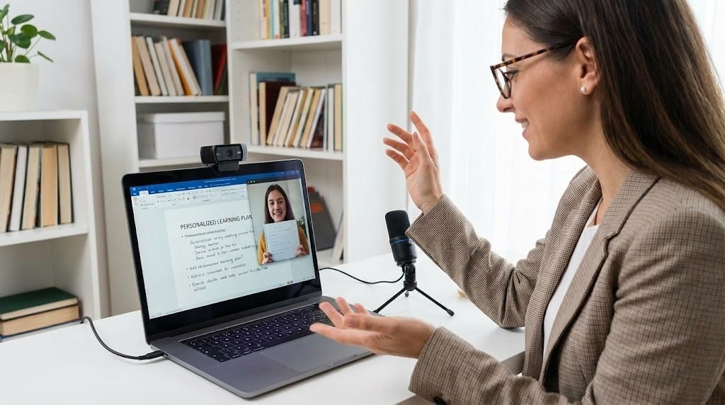 Professional online coach conducting a live video session with student on laptop showing clear engagement and personalized learning