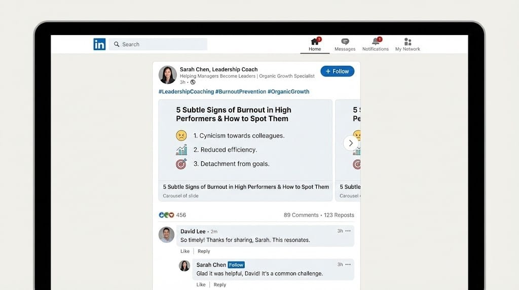 Screenshot example of organic LinkedIn content strategy for coaches showing educational post with engagement