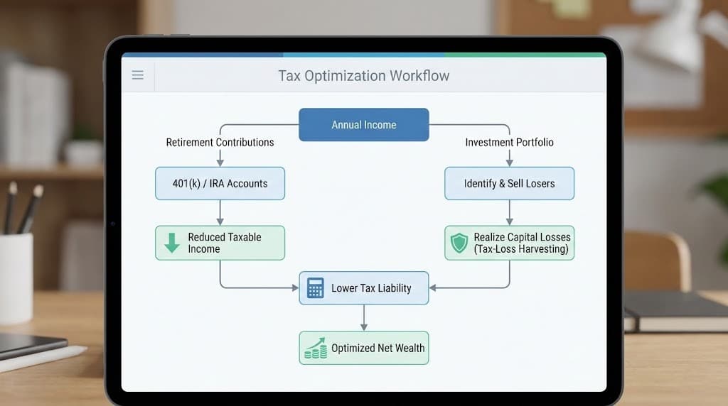 Tax optimization workflow diagram showing retirement account contributions and tax-loss harvesting