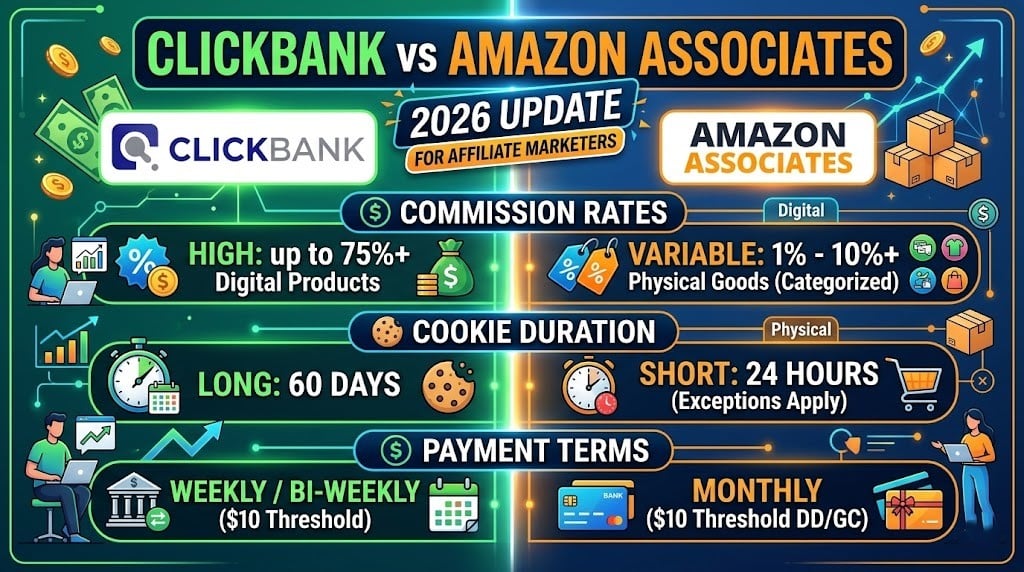 ClickBank vs Amazon Associates 2026 comparison showing commission rates, cookie duration, and payment terms for affiliate marketers