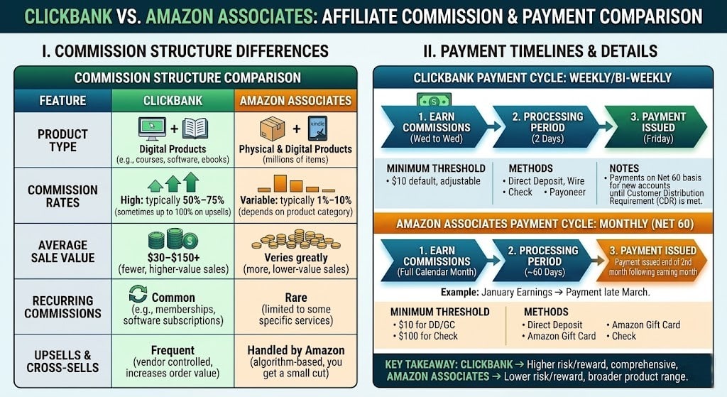 Comparison chart showing ClickBank and Amazon Associates commission structure differences and payment timelines for affiliate marketers