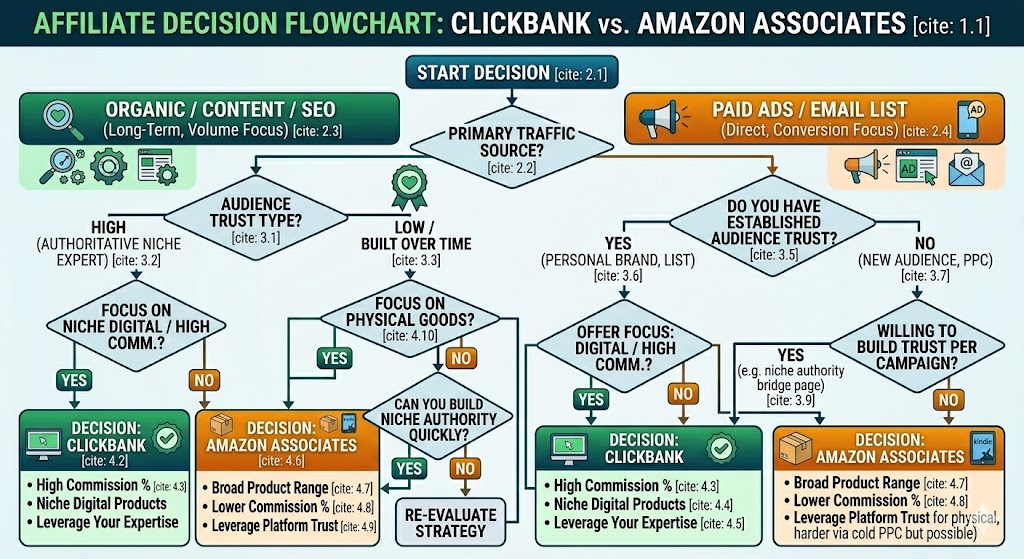 Decision framework flowchart helping affiliate marketers choose between ClickBank and Amazon Associates based on traffic source and audience trust