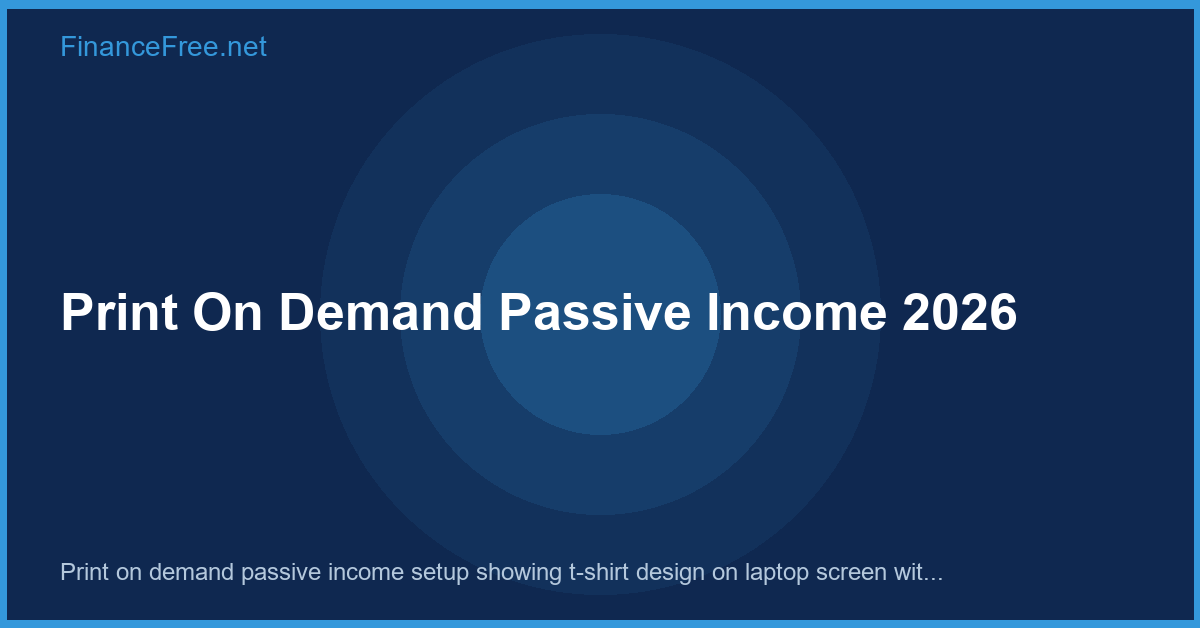 Print on demand passive income setup showing t-shirt design on laptop screen with order dashboard in background