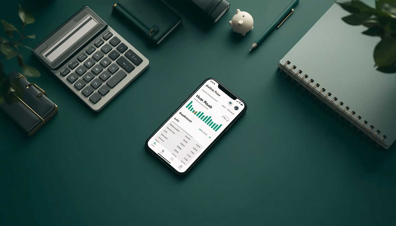 A organized desk setup with a calculator piggy bank and notebook for financial planning