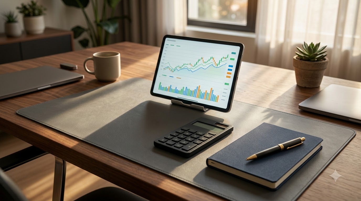 Clean financial planning desktop workspace with chart tablet and notebook