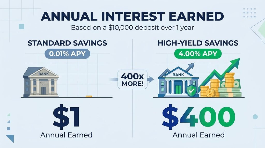 Comparison chart showing interest earnings over one year between a traditional savings account and a high yield savings account
