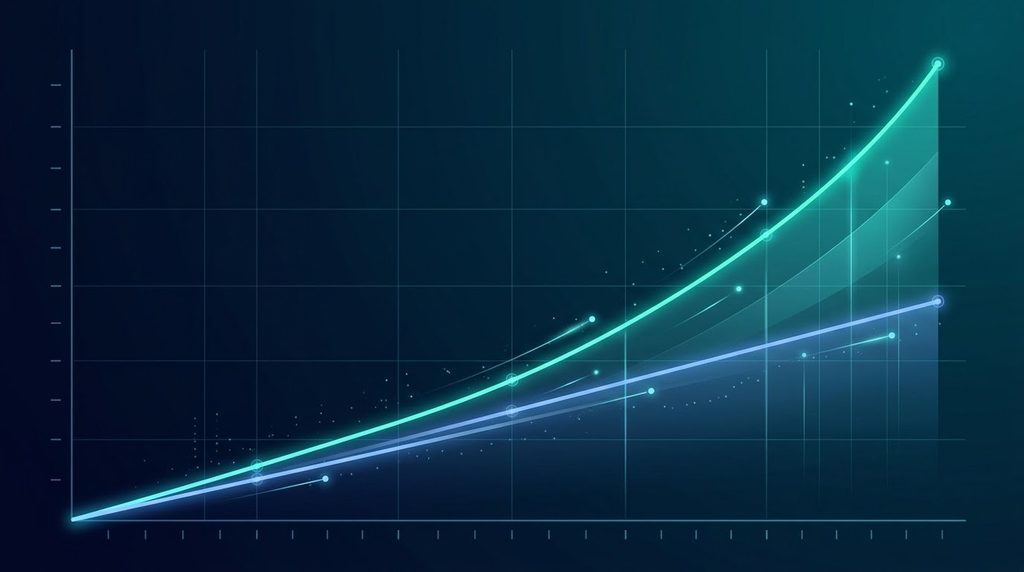 Diagram showing the difference between linear simple interest growth and exponential compound interest growth over 30 years