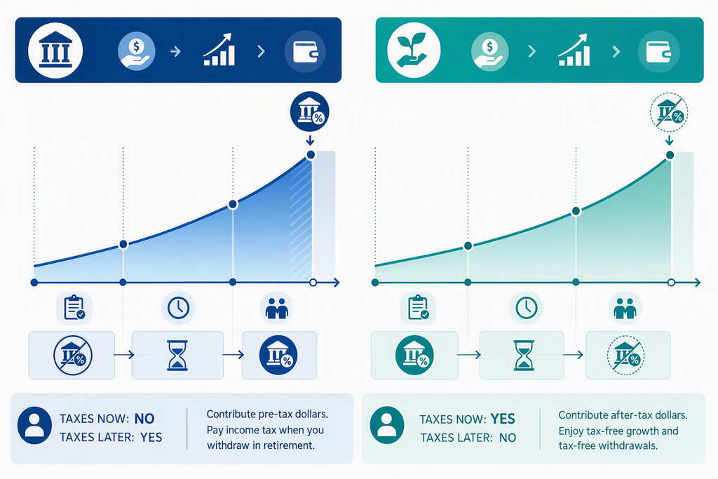 Roth IRA vs. Traditional IRA: How to Decide Which Is Better for You 2 Infographic showing tax timeline difference between Roth IRA and Traditional IRA. 2