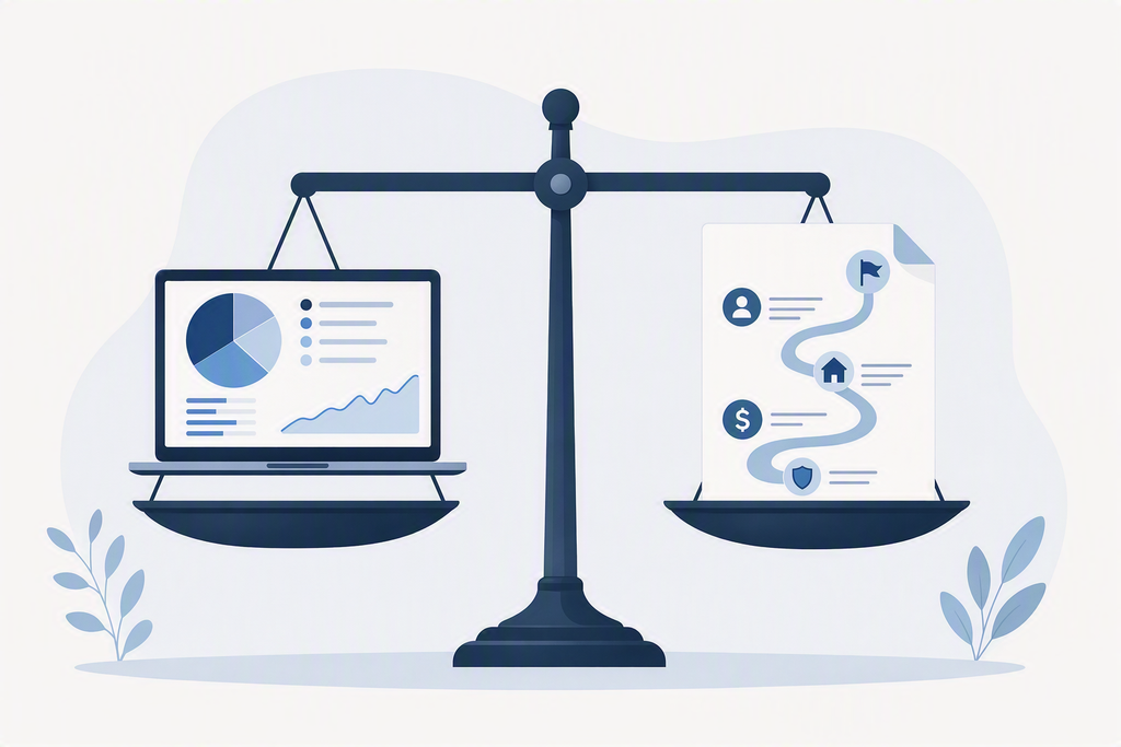 Minimalist balance scale comparing self directed investing tools on one side with a personalized financial plan on the other