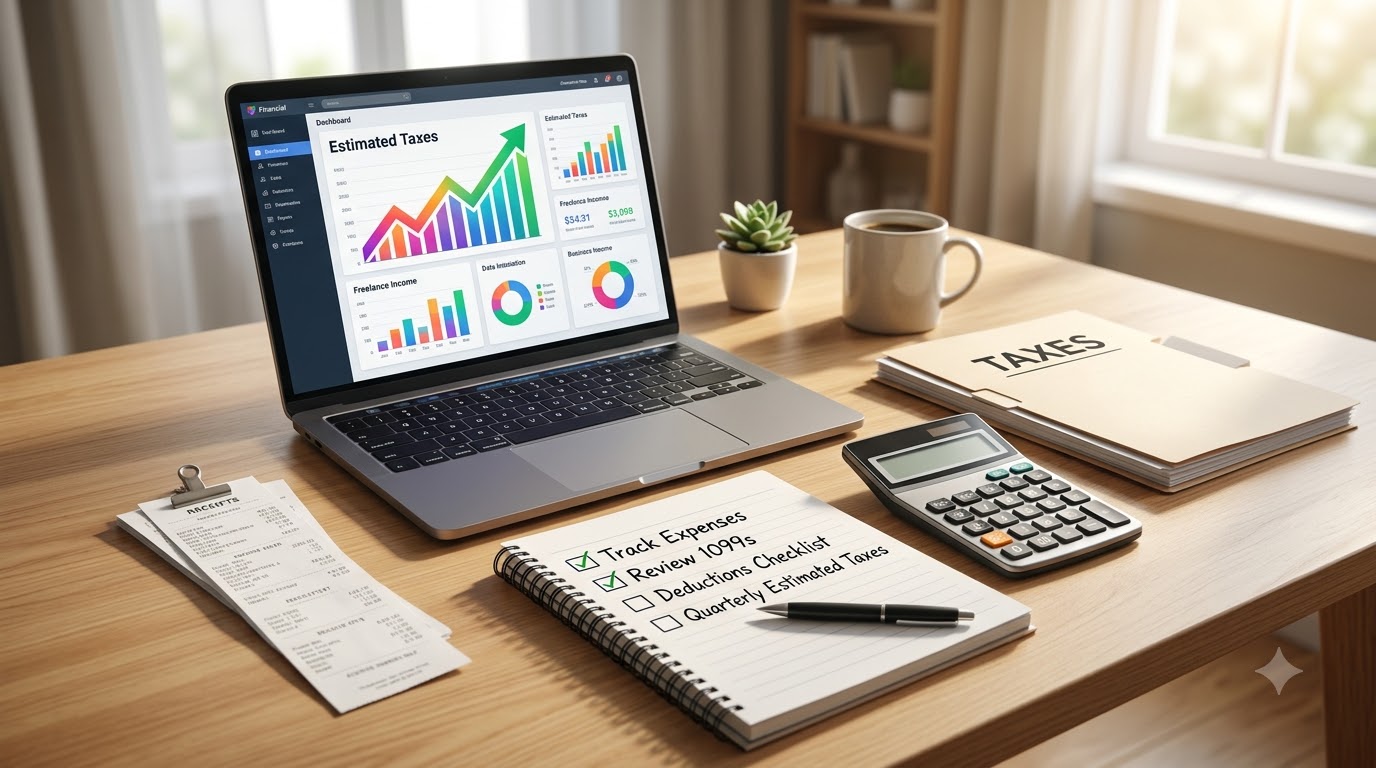 Organized desk setup representing freelance tax management and financial planning