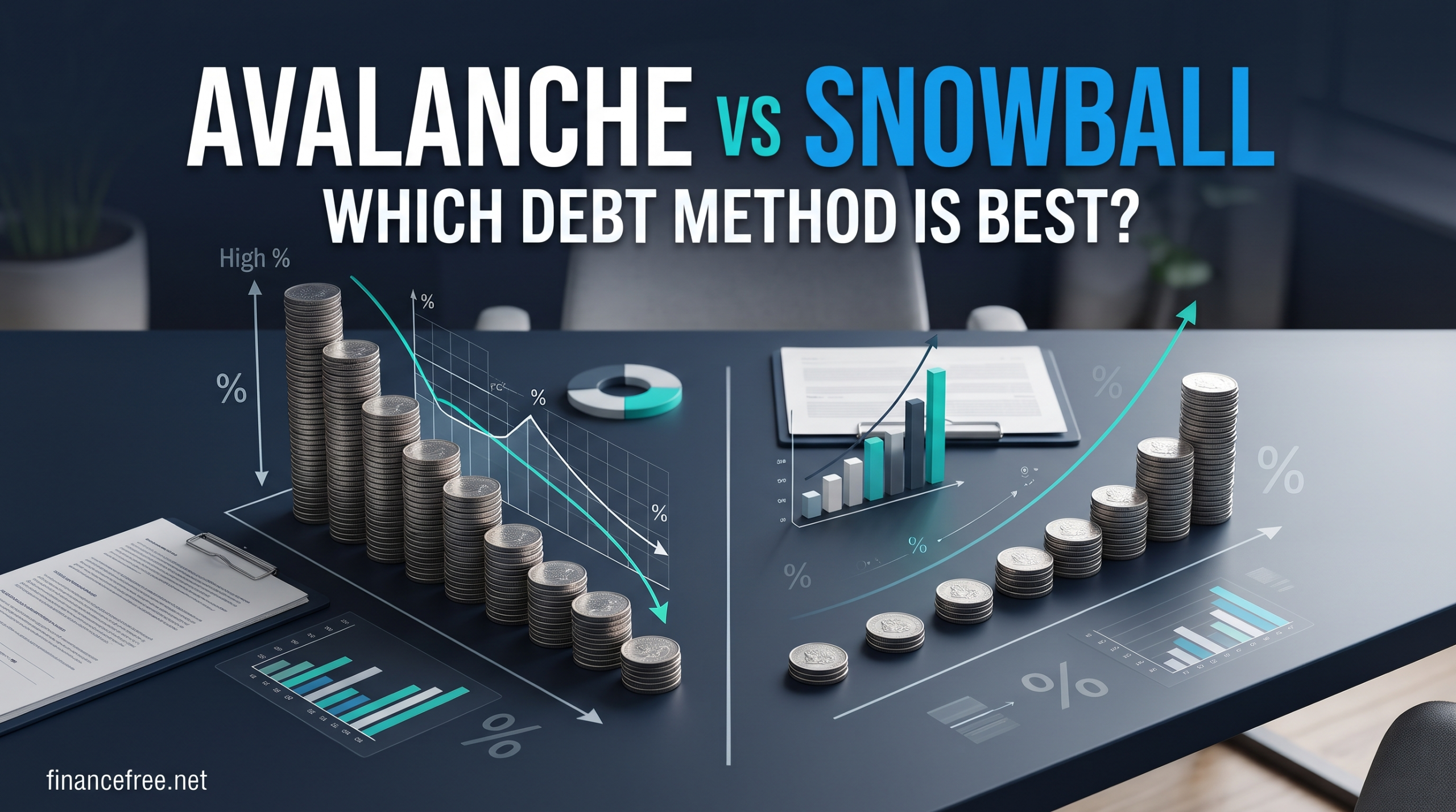 Diagram comparing debt avalanche focusing on interest rates versus debt snowball focusing on balance size