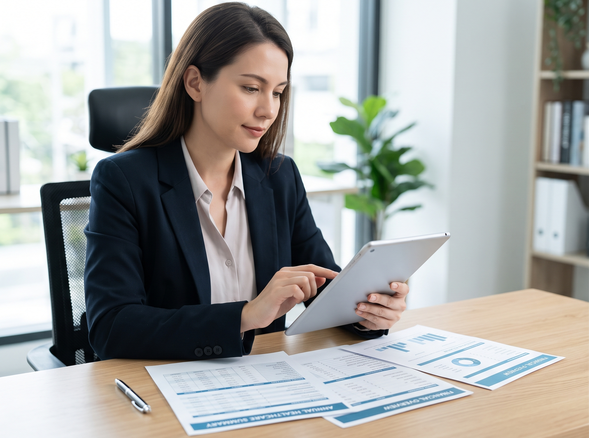 Healthy individual reviewing financial and health documents on a desk